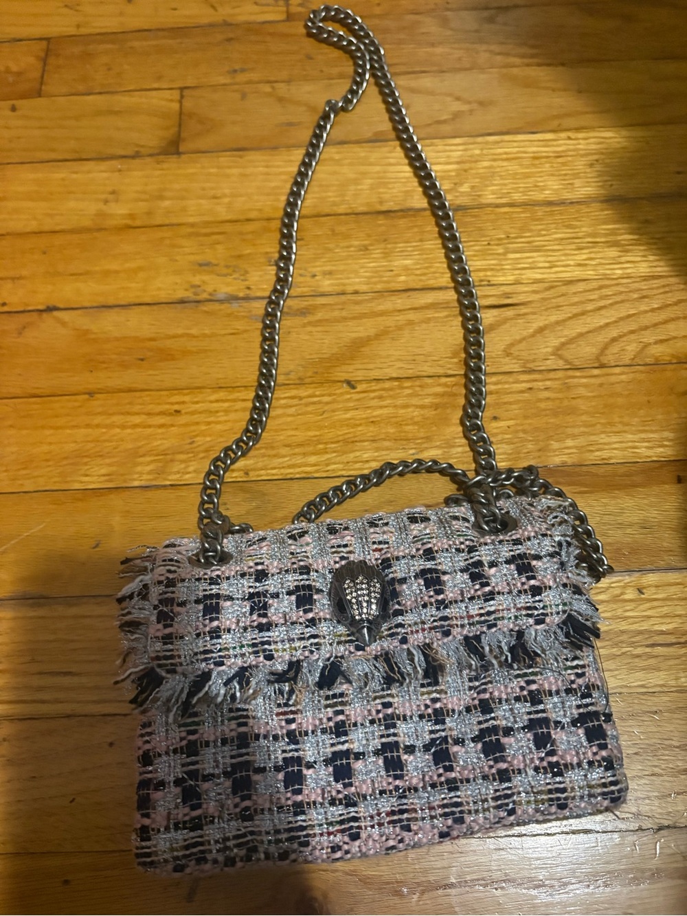 Kurt Geiger Tweed Fringe Shoulder Bag in Pink & Black